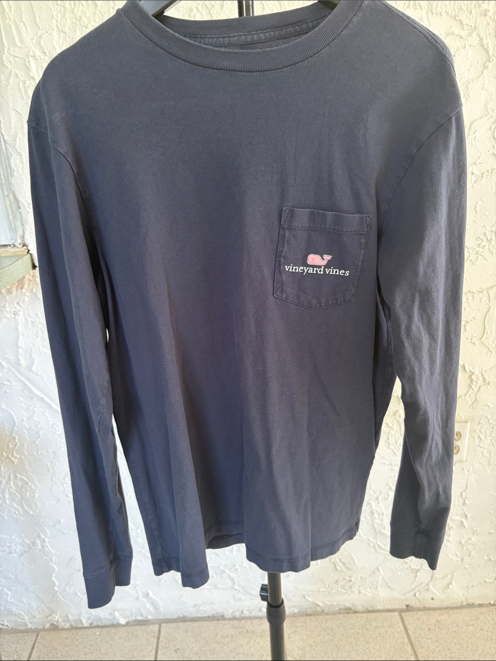 Vineyard Vines Navy Long-Sleeve Pocket Tee with Pink Whale Logo